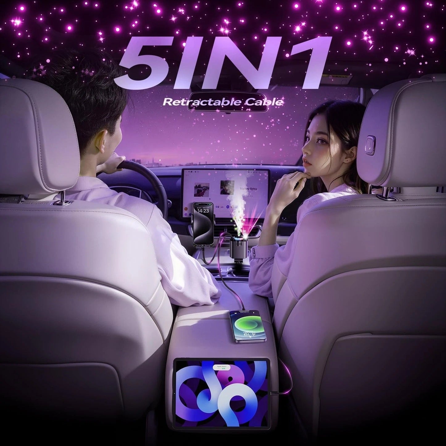 5 in 1 Retractable ( Fast ) Car Charger with Starlight & Aromatherapy